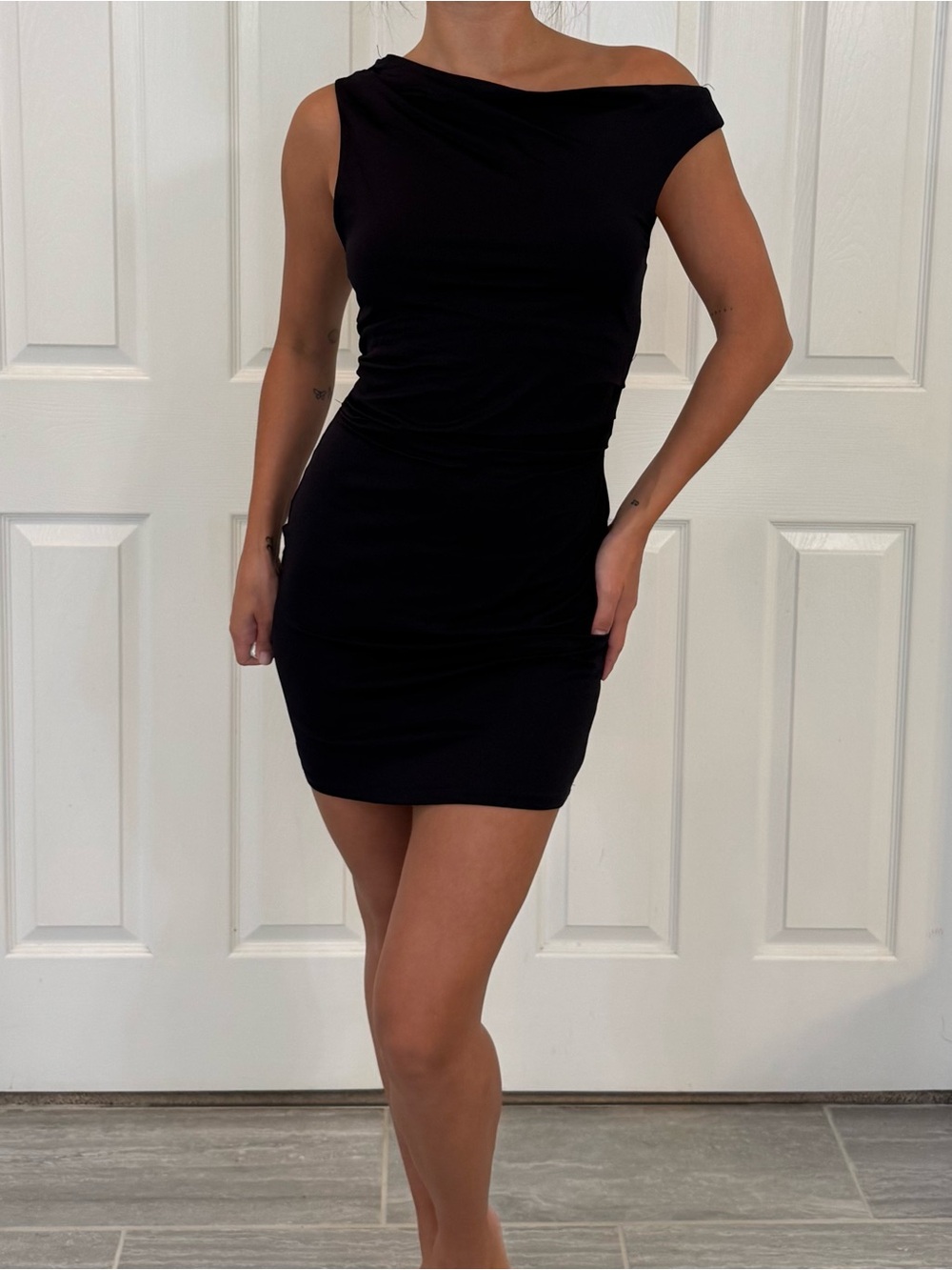 Cotton On Asymmetric Neckline Bodycon Black Ruched Mini Dress